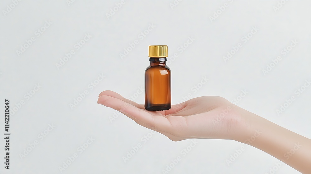 Minimalist Presentation of Essential Oil Bottle in Outstretched Hand on White : Generative AI Minimalist Presentation of Essential Oil Bottle in Outstretched Hand on White : Generative AI