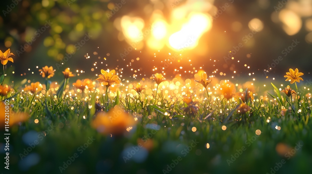 A perfectly manicured lawn glows at sunset, vibrant green grass and dew drops highlighted by golden hour sunlight, with a colorful flower border creating a suburban garden paradise. A perfectly manicured lawn glows at sunset, vibrant green grass and dew drops highlighted by golden hour sunlight, with a colorful flower border creating a suburban garden paradise.