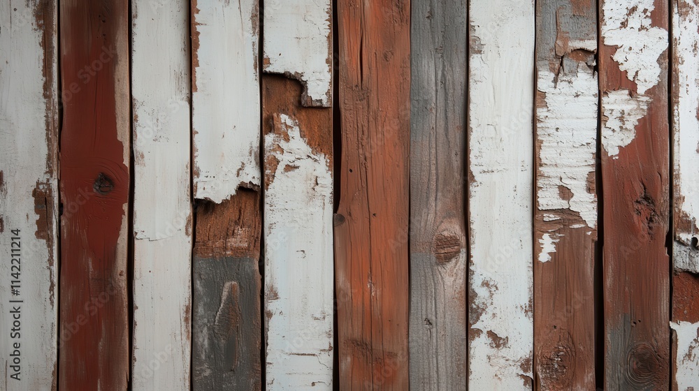 The image features rustic wooden planks with peeling red and white paint, evoking a sense of nostalgia and history through their weathered and aged appearance. The image features rustic wooden planks with peeling red and white paint, evoking a sense of nostalgia and history through their weathered and aged appearance.