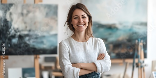 A British female artist standing confidently in a creative studio with her artwork on display
