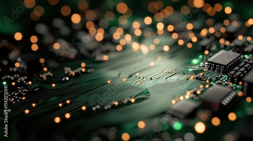 Intricate electronic circuit board design featuring glowing lights and complex pathways, representing the essence of technology and modern innovation.