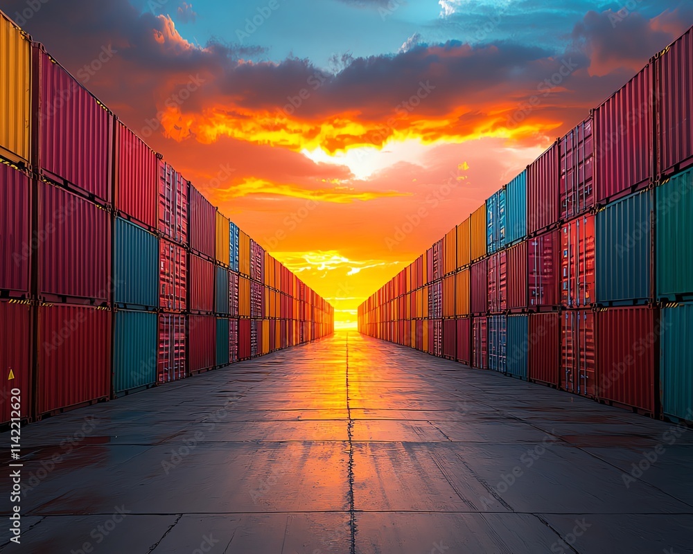 Fototapeta premium Colorful shipping containers lined up against a vivid sunset, showcasing vibrant hues, industrial charm, and urban landscape, cinematic composition, ultrarealistic lighting