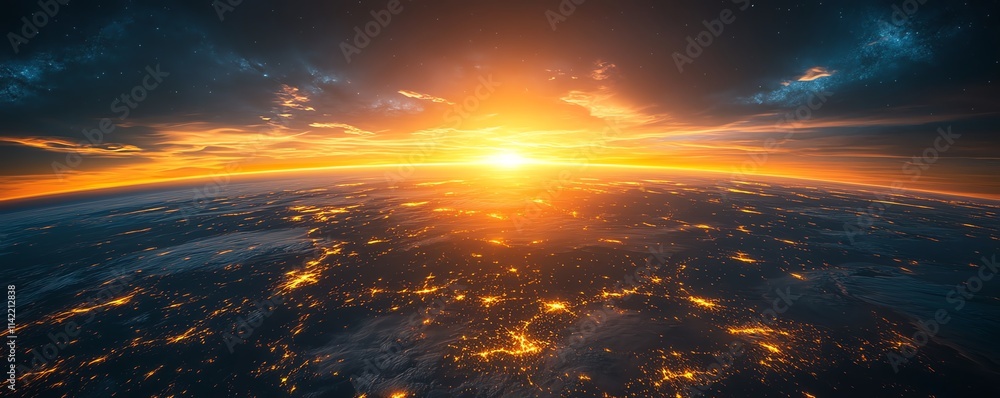 Fototapeta premium Earth at dawn, with glowing city lights and natural beauty beneath the sunrise, symbolizing hope, renewal, and global unity, vibrant colors, cinematic depth