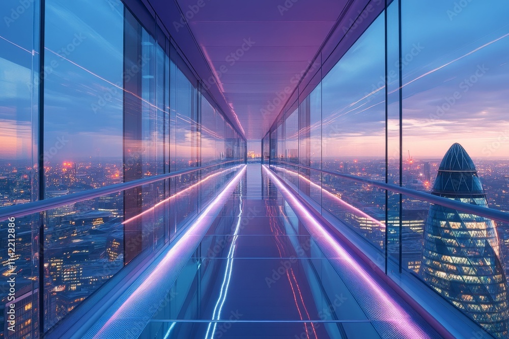 Fototapeta premium Elevated glass walkway, city lights, twilight sky.