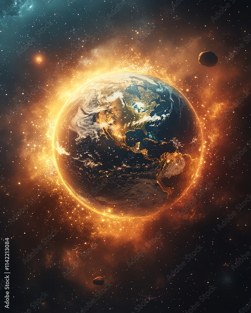 Obraz premium Earth bathed in radiant sunlight, with cosmic elements like asteroids and stars, representing the awe and beauty of our planet, surreal cosmic setting
