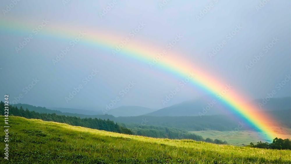 Naklejka premium Rainbow over rolling hills