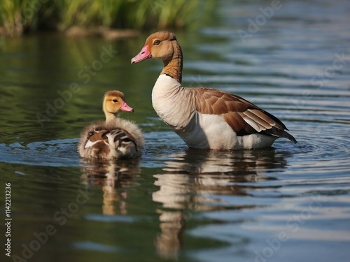 Young Egyptian geese playing in water with adult goose.