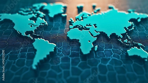 Global Connectivity: A 3D rendering of the world map, with a blue-green hue, sits atop a textured blue background. photo