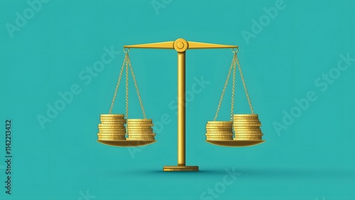 Wallpaper Mural Balanced Prosperity: A golden scale, symbolizing equilibrium and financial stability, rests on a vibrant teal backdrop. The scales are perfectly balanced, signifying harmony, equality. Torontodigital.ca