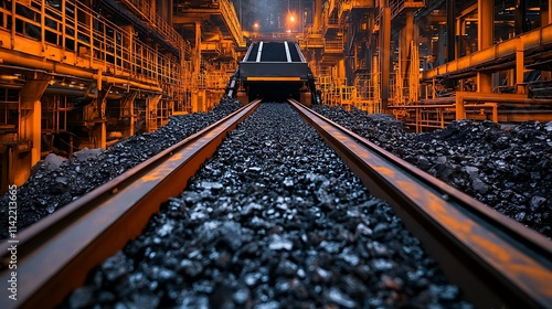 Coal transport on industrial railway tracks inside a factory photo