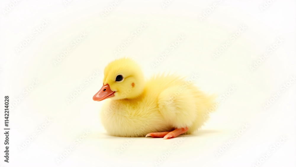 Adorable Yellow Duckling Sitting on White Background, Fluffy Baby Bird Adorable Yellow Duckling Sitting on White Background, Fluffy Baby Bird