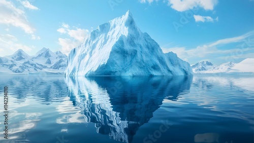 Wallpaper Mural Iceberg Reflection:  A massive iceberg, its surface sculpted by the forces of nature, rises majestically from the icy waters of the Antarctic, casting a perfect reflection on the serene surface.  Torontodigital.ca
