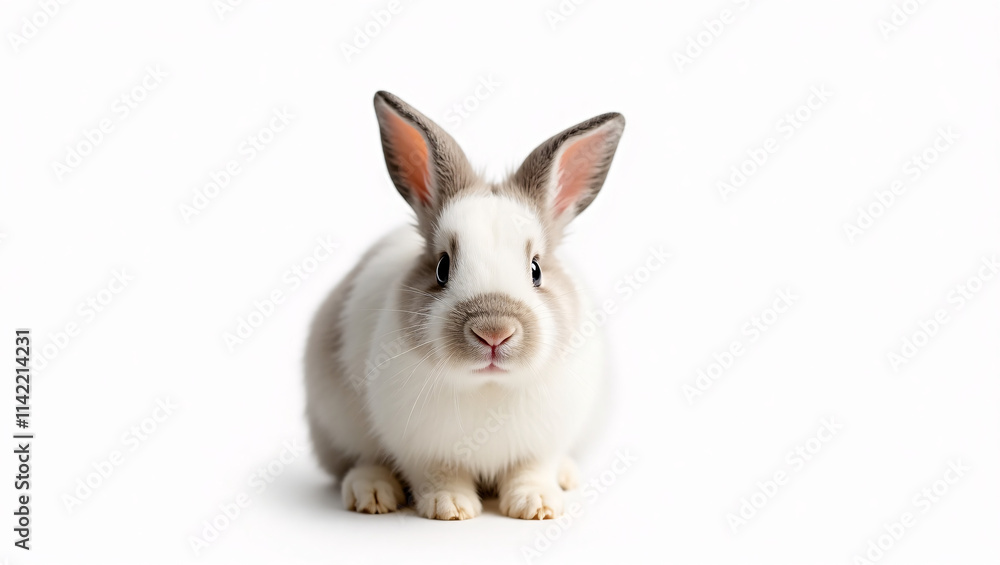 Adorable White and Gray Bunny Sitting on White Background, Cute Rabbit Portrait Adorable White and Gray Bunny Sitting on White Background, Cute Rabbit Portrait