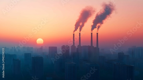 Smog-Shrouded Sunset: Industrial pollution casting a somber shadow over a cityscape at sunset. A poignant visual capturing the environmental consequences of industrialization. 