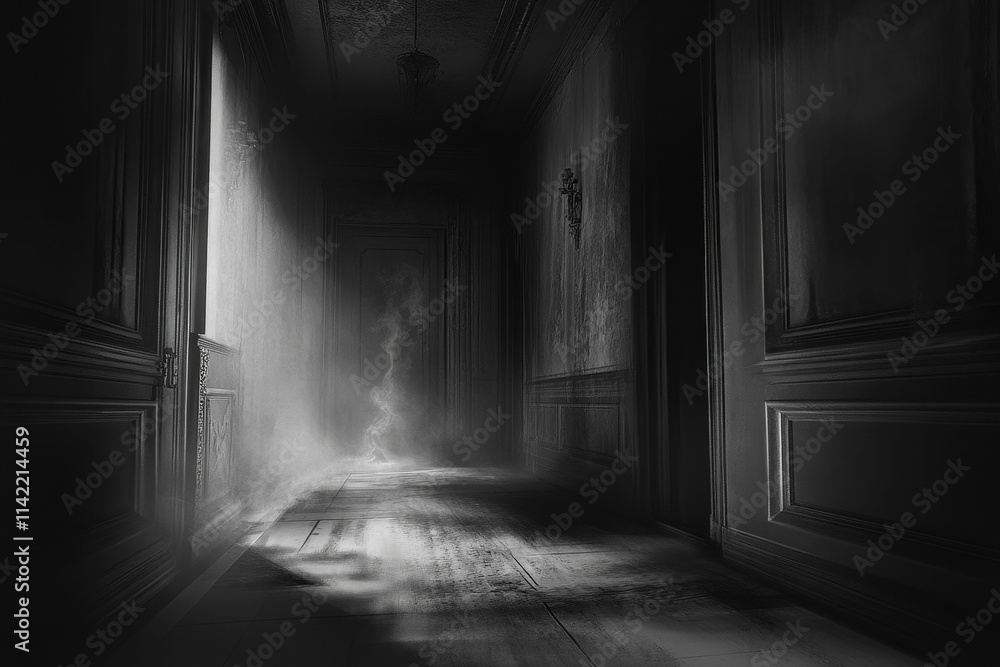 Dark hallway, dusty, old building, eerie atmosphere. Dark hallway, dusty, old building, eerie atmosphere.