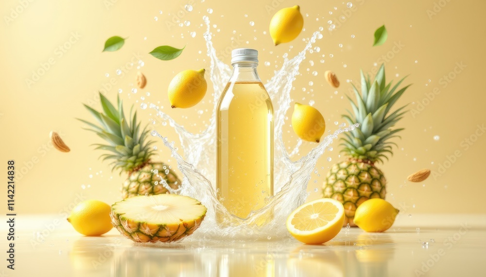 Fototapeta premium Refreshing pineapple and lemon splash with almonds and leaves