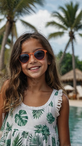 Young girl enjoying a tropical vacation, happy and relaxed.