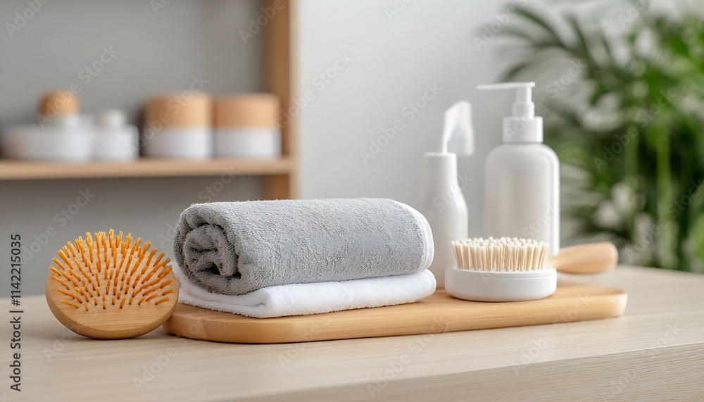 Modern Spa Essentials with Plush Towels and Bamboo Accessories in Tranquil Setting : Generative AI Modern Spa Essentials with Plush Towels and Bamboo Accessories in Tranquil Setting : Generative AI
