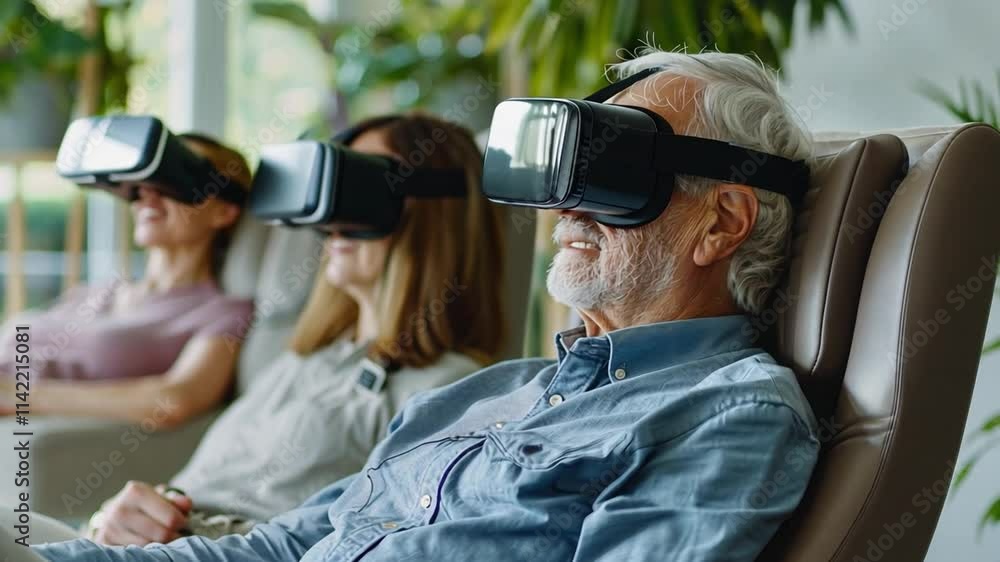 This Three individuals wearing VR headsets experience immersive therapy in a tranquil clinic setting. This Three individuals wearing VR headsets experience immersive therapy in a tranquil clinic setting.