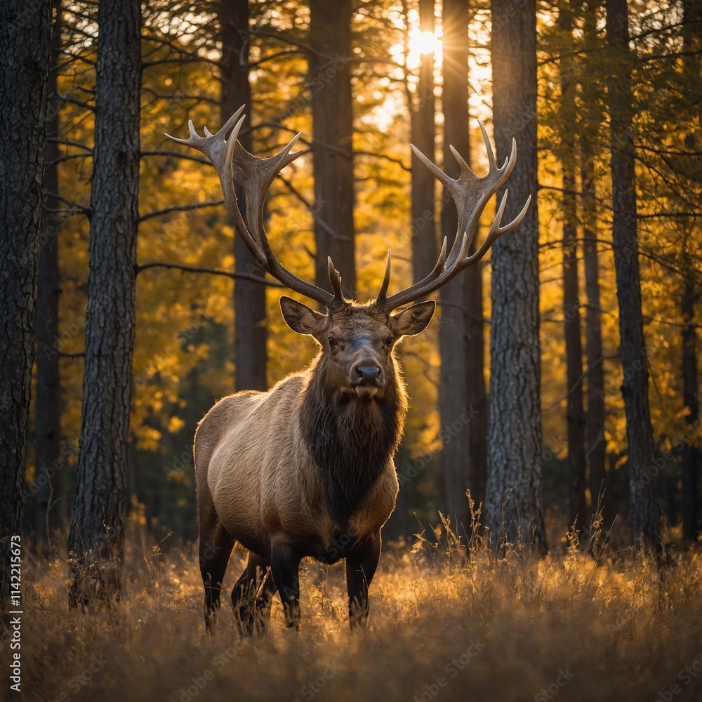 Fototapeta premium A majestic elk standing tall in a golden forest as sunlight streams through the trees.