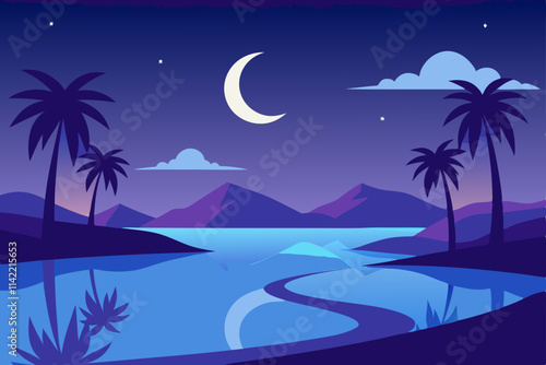 Beautiful Night Oasis Scene with Calm Water and Starry Desert Sky