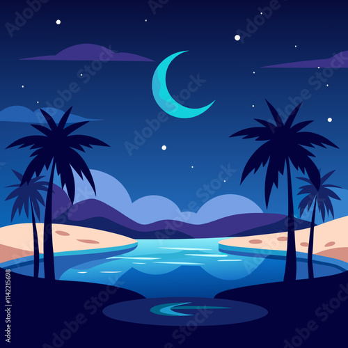 Beautiful Night Oasis Scene with Calm Water and Starry Desert Sky