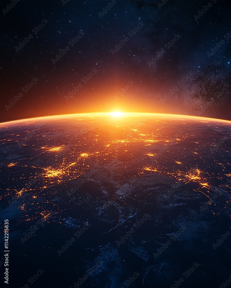 Sunrise over a glowing Earth, with cities lit up and natural wonders shining through, representing a new beginning and hope, soft lighting, highdefinition focus Sunrise over a glowing Earth, with cities lit up and natural wonders shining through, representing a new beginning and hope, soft lighting, highdefinition focus