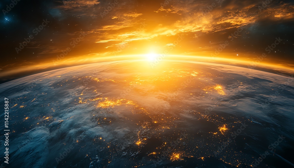 Sunrise over Earth, with glowing cities and vibrant natural landscapes, symbolizing hope and renewal on a global scale, cinematic lighting, highdefinition clarity Sunrise over Earth, with glowing cities and vibrant natural landscapes, symbolizing hope and renewal on a global scale, cinematic lighting, highdefinition clarity