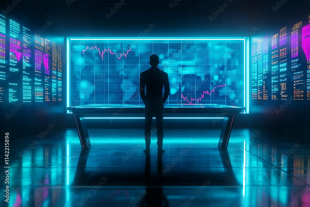 A futuristic workspace featuring glowing stock market graphs A futuristic workspace featuring glowing stock market graphs