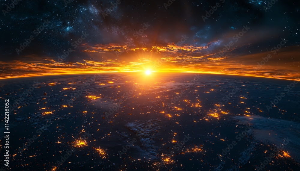 Fototapeta premium Sunrise over the planet Earth, glowing cities and breathtaking nature, symbolizing global hope and renewal, vibrant hues, photorealistic texture and lighting