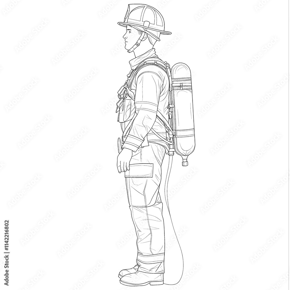 Firefighter in full gear, profile view. Firefighter in full gear, profile view.