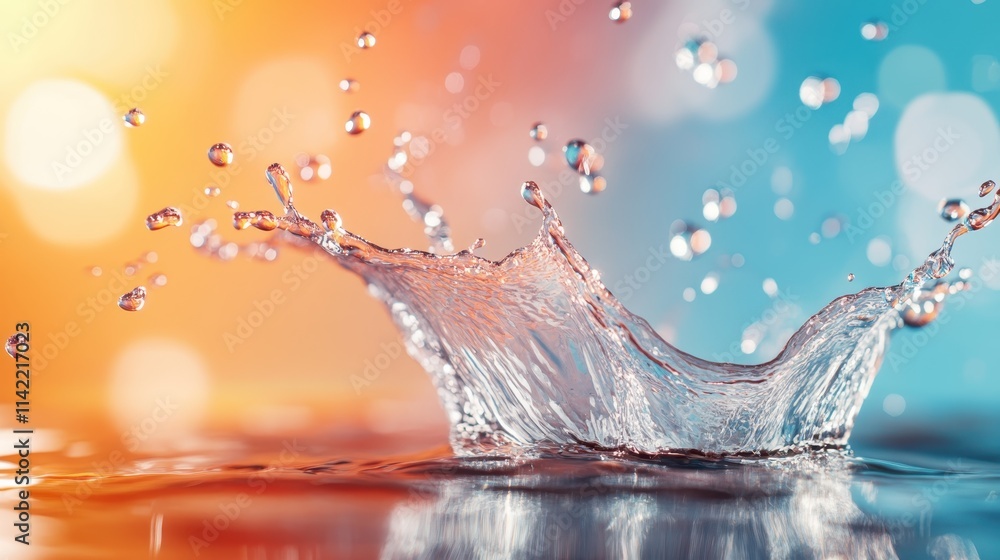 A high-speed capture of water splash creating intricate patterns against a backdrop of orange and blue gradients, highlighting fluid dynamics and energy. A high-speed capture of water splash creating intricate patterns against a backdrop of orange and blue gradients, highlighting fluid dynamics and energy.