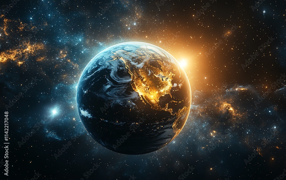 Obraz premium A glowing Earth bathed in radiant sunlight, with cosmic elements like stars and nebulae, representing the aweinspiring beauty of our planet, surreal atmosphere