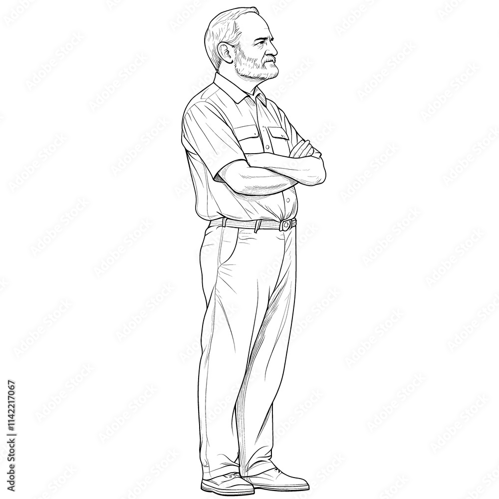 Line drawing of a man standing with arms crossed. Line drawing of a man standing with arms crossed.
