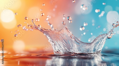 A high-speed capture of water splash creating intricate patterns against a backdrop of orange and blue gradients, highlighting fluid dynamics and energy. photo