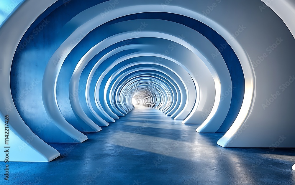 Fototapeta premium Abstract blue and white archway tunnel leading to light.