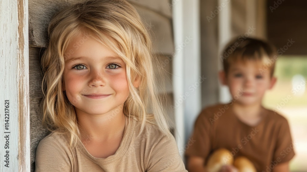 A blond girl leans against a wooden wall, smiling, as a young boy in the background holds bread; both children exude warmth and charm in a rustic setting. A blond girl leans against a wooden wall, smiling, as a young boy in the background holds bread; both children exude warmth and charm in a rustic setting.