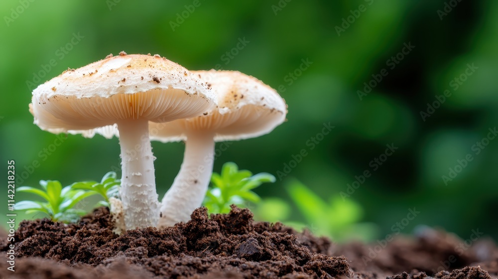 Pair of mushrooms rising side by side from fertile soil with small plants nearby, symbolizing companionship, growth, and the symbiotic balance of nature’s elements. Pair of mushrooms rising side by side from fertile soil with small plants nearby, symbolizing companionship, growth, and the symbiotic balance of nature’s elements.