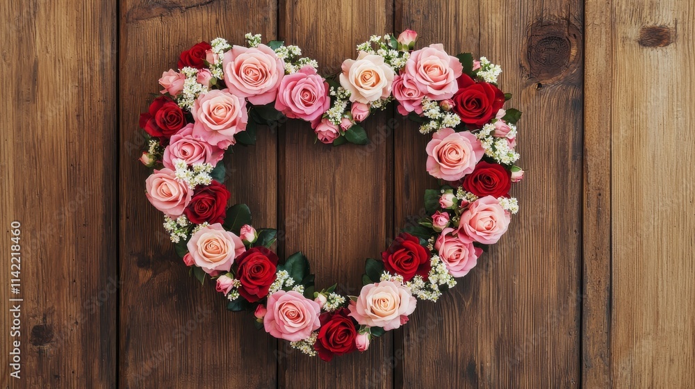 Heart-Shaped Floral Arrangement with Pink and Red Roses on Rustic Wooden Background for Romantic Celebrations and Special Occasions Heart-Shaped Floral Arrangement with Pink and Red Roses on Rustic Wooden Background for Romantic Celebrations and Special Occasions