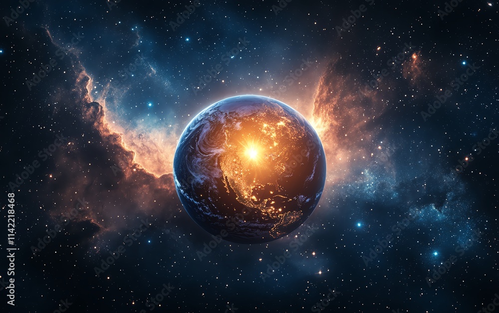 Naklejka premium A stunning view of Earth illuminated by a brilliant sun, surrounded by cosmic stars and nebulae, emphasizing the beauty and mystery of our planet, ultrarealistic lighting