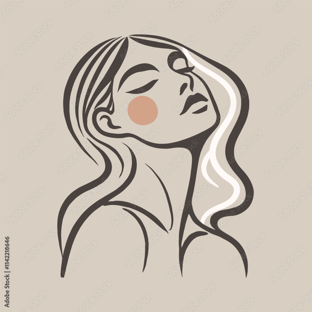 Minimalist line art of a serene woman with flowing hair, beige background Minimalist line art of a serene woman with flowing hair, beige background