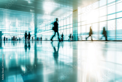 Busy terminal filled with travelers moving across a modern airport at sunset