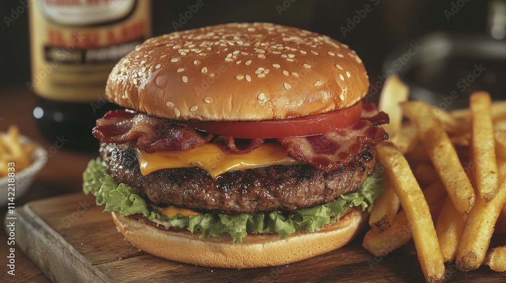 Juicy Cheeseburger with Bacon and Crispy Fries Juicy Cheeseburger with Bacon and Crispy Fries