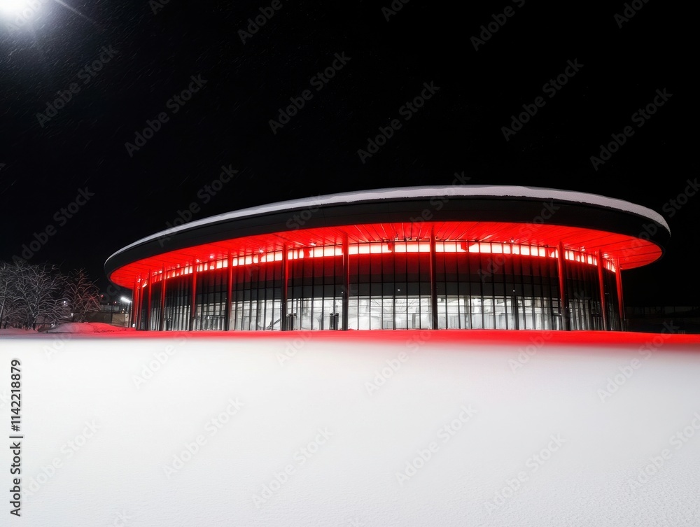 A modern building illuminated in red at night, showcasing sleek architecture against a snowy landscape. A modern building illuminated in red at night, showcasing sleek architecture against a snowy landscape.