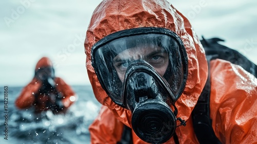 A focused diver in an orange suit emerges from the ocean waves, portraying determination and survival instinct in a challenging aquatic environment. photo