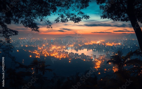 A breathtaking view of Brazil s land area at night, with the silhouette of the Amazon rainforest and distant lights illuminating the horizon photo