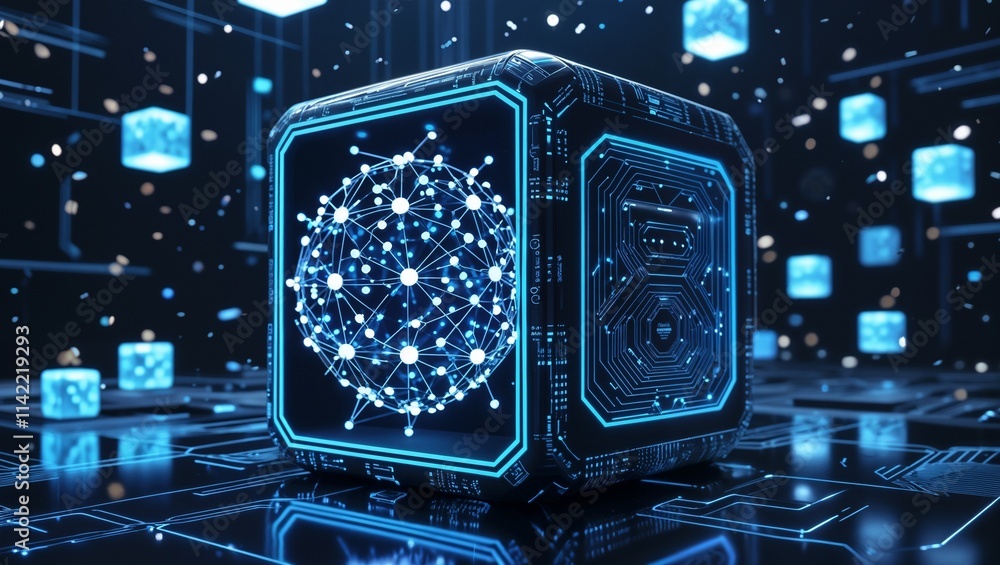 Fototapeta premium Futuristic AI Blockchain Cube with Digital Network and Glowing Data Nodes.