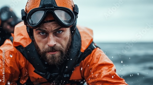 A close-up of a bearded man in an orange protective suit amidst the ocean waves, embodying strength and tenacity as he asserts a steely gaze towards the horizon.