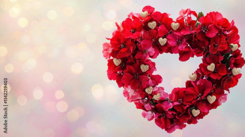 Beautiful Heart Shaped Floral Arrangement with Red Flowers and Glittering Hearts Against a Soft Colorful Background, Perfect for Romantic and Love-Themed Projects Beautiful Heart Shaped Floral Arrangement with Red Flowers and Glittering Hearts Against a Soft Colorful Background, Perfect for Romantic and Love-Themed Projects
