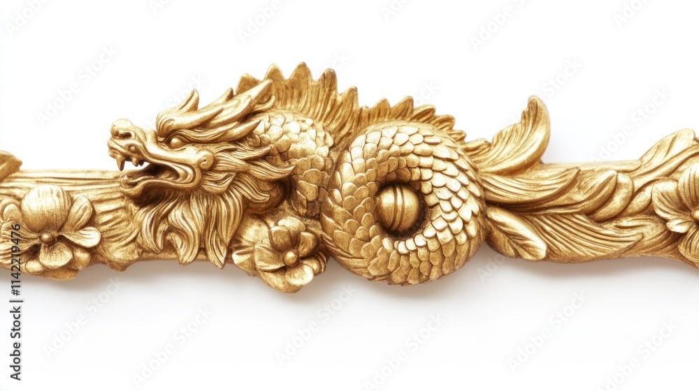 Obraz premium A detailed golden dragon motif with finely crafted scales, symbolizing power, isolated on a clean white backdrop